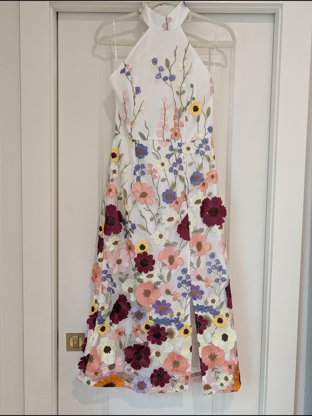 Lulu's White Halter Floral Embroidered Dress with Multicolor Blooms Size M